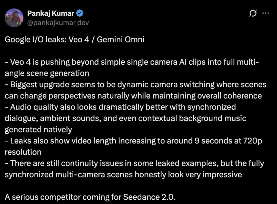 Pankaj Kumar tweet listing the Veo 4 / Gemini Omni leak bullet points