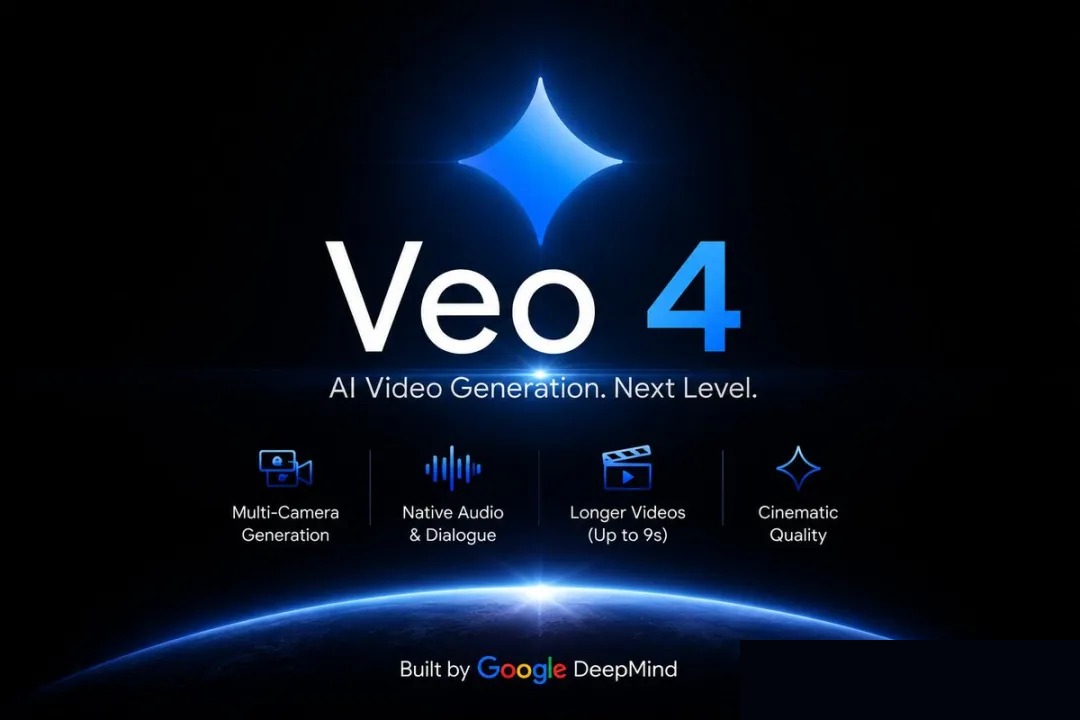 Veo 4 feature card showing Multi-Camera Generation, Native Audio & Dialogue, Longer Videos up to 9s, Cinematic Quality